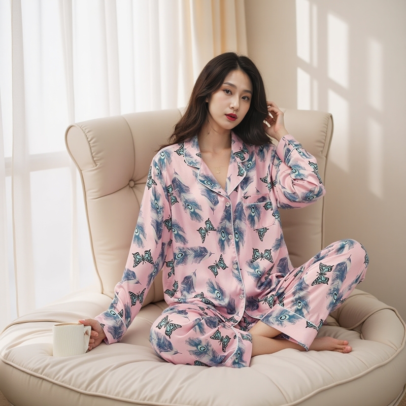 美国维多月光绸缎蝴蝶印花女士