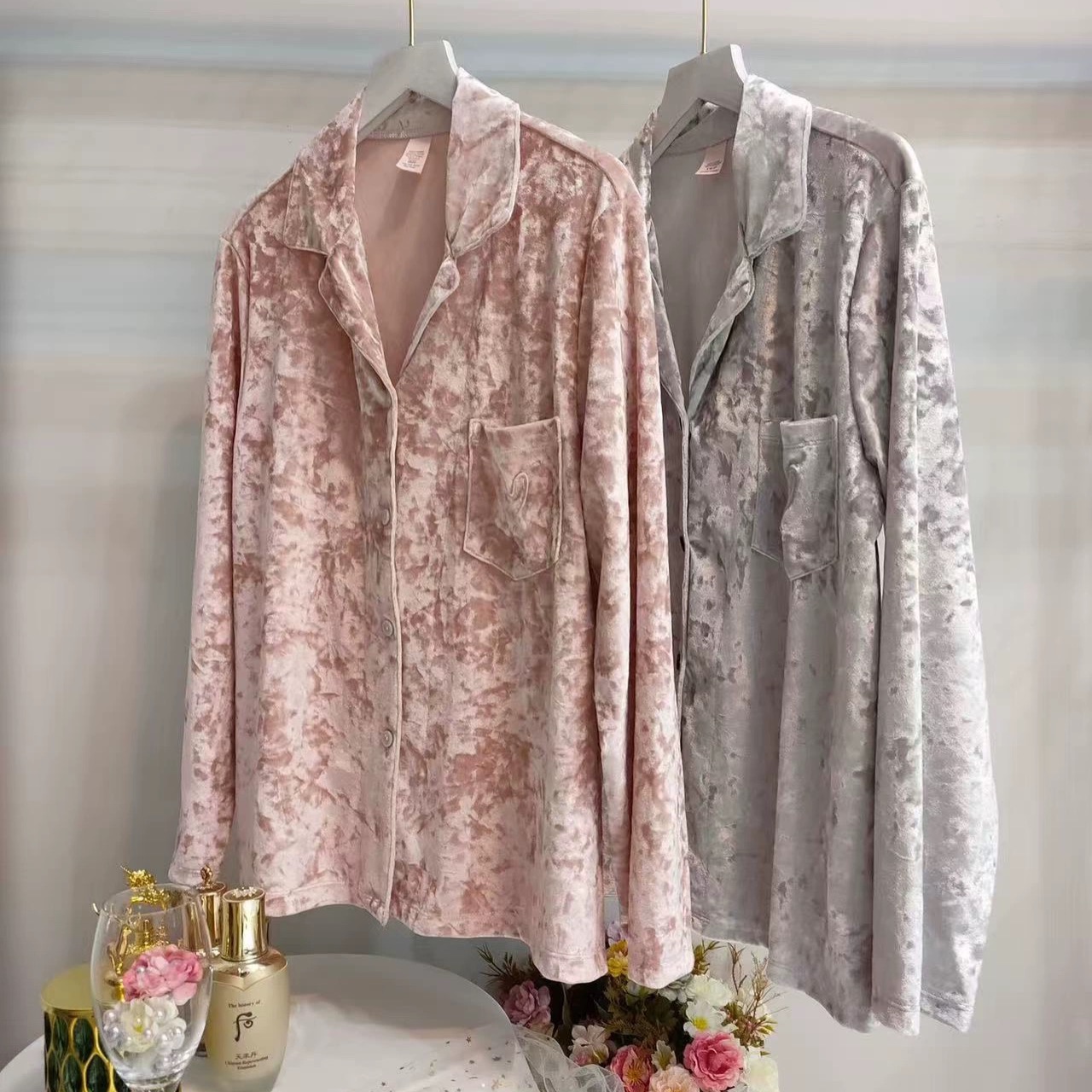 大码金丝绒经典粉色字母睡衣套装