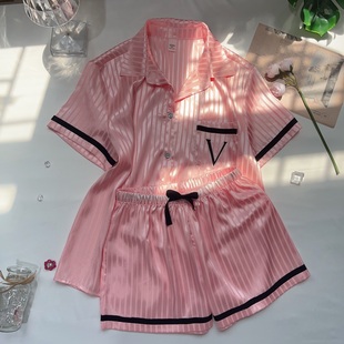 套装 2024夏季 裤 新款 睡衣家居服 V～S丝质缎面女士粉条大V刺绣短袖