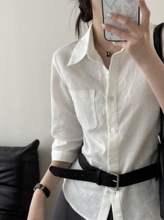 0885 收腰显瘦通勤衬衫 时髦知识分子亚麻翻领口袋衬衫 女老钱风中袖
