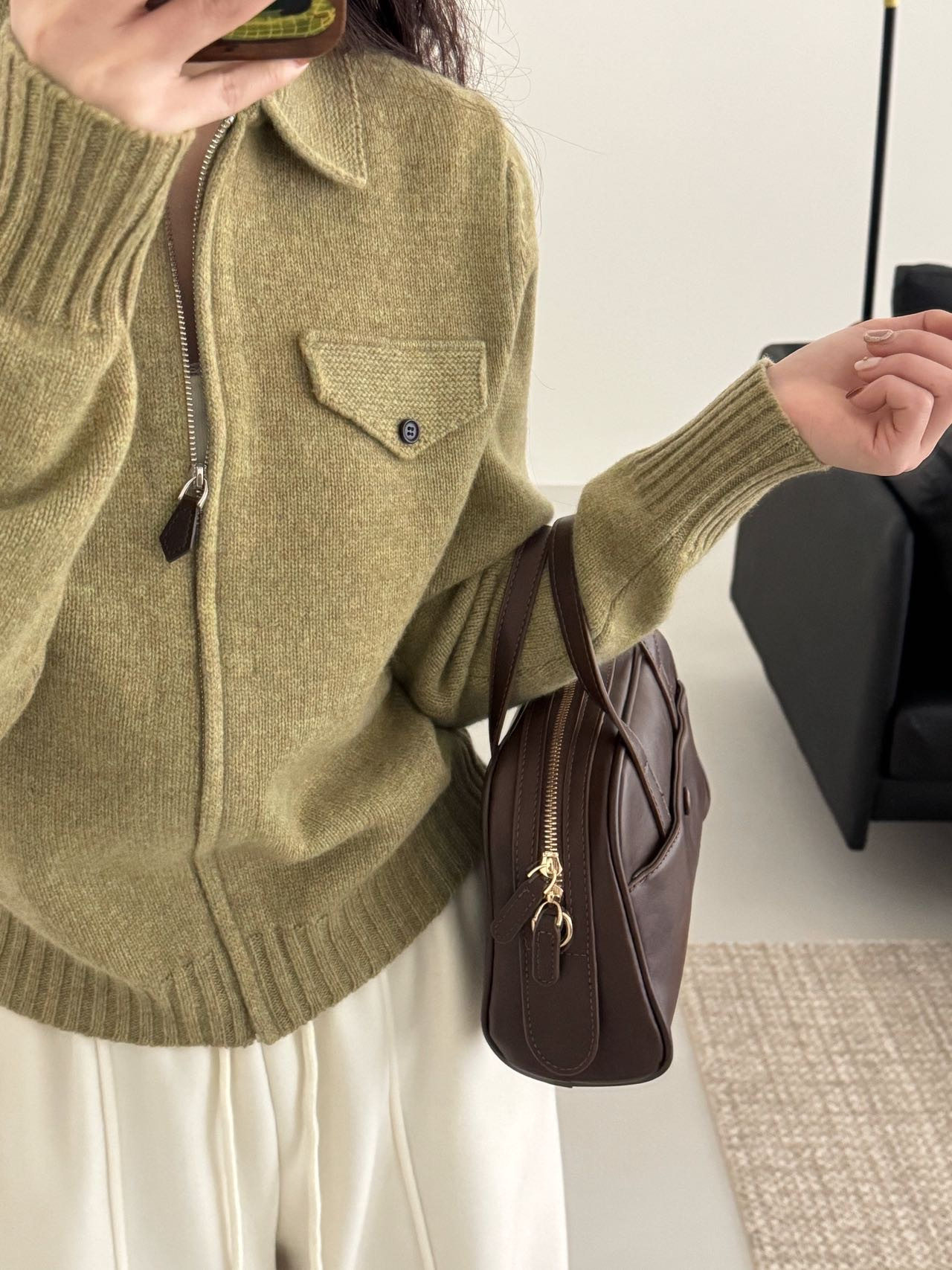 高端奢华老钱风90%绵羊毛衫女高智感针织开衫翻领毛衣外套潮0095