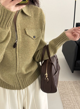 高端奢华老钱风90%绵羊毛衫女高智感针织开衫翻领毛衣外套潮0095