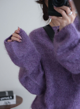 95%羊毛5%羊绒花纱拉毛毛衣女V领圆领直筒宽松休闲贵气上衣潮6536