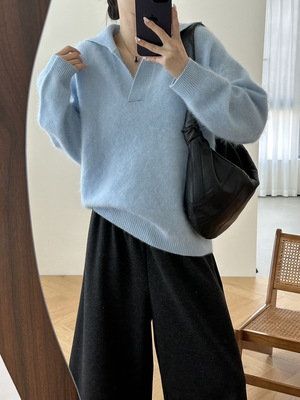 冬慵懒随性宽松100绵羊毛拉毛Polo领毛衣纯色百搭翻领羊毛衫9688