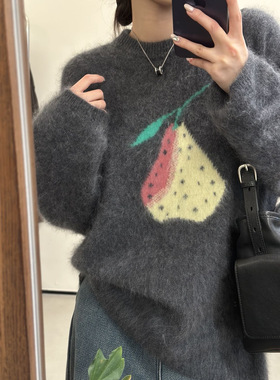 南果梨100羊毛拉毛衫女重工提花慵懒风软糯舒适保暖毛衣上衣9867