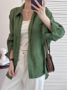 显白松绿色100苎麻衬衫 苎麻衬衣防晒外套0713 女2026春夏宽松长袖