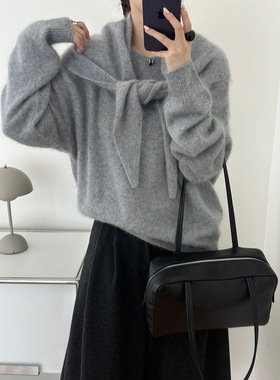 100%羊毛拉毛毛衣女秋冬圆领拉毛衫小皮草百搭高级针织衫上衣9425