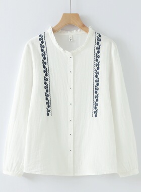 复古木耳花边立领长袖衬衫女双层纱文艺绣花柔软纯棉衬衣上衣ZE
