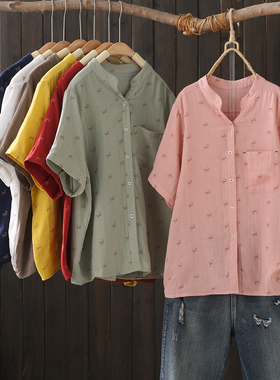 文艺复古红色小碎花印花双层棉纱短袖衬衫女士宽松休闲上衣J38