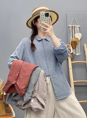 文艺复古竖条纹双层棉纱长袖衬衫女休闲显瘦上衣纯棉衬衣ZE82317