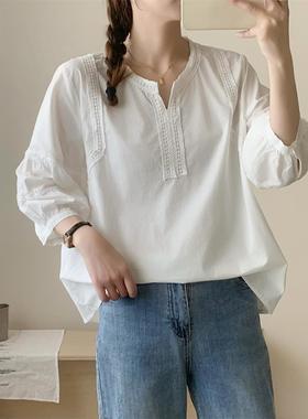 文艺民族风花边拼接小V领七分袖套头纯棉白色衬衫女士上衣时尚XC1