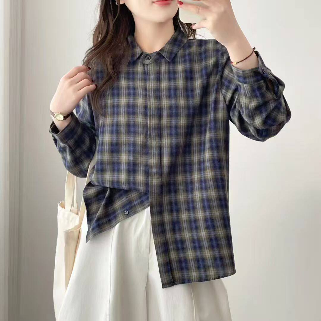 时尚英伦磨毛格子长袖衬衫女暗扣气质通勤百搭纯棉衬衣打底86777