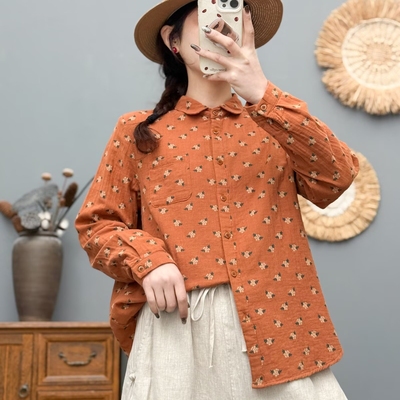 复古文艺范印花长袖衬衫女