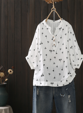 文艺复古小V领玉兰花碎花印花中袖套头衬衫女宽松休闲双层棉纱J02