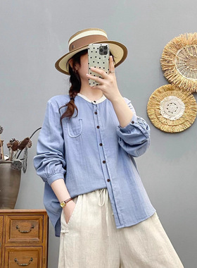 纯棉蕾丝花边拼接双层棉纱长袖衬衫女宽松休闲百搭衬衣XQ86275