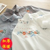 加绒保暖打底衫 纯棉刺绣衬衫 女文艺花朵翻领长袖 加厚一体绒XC6304