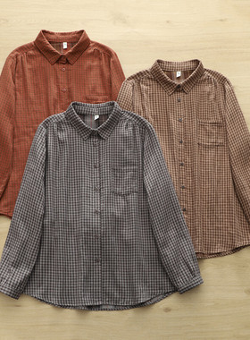 文艺复古双层棉纱色织格子衬衫女宽松长袖上衣衬衣打底XX22269