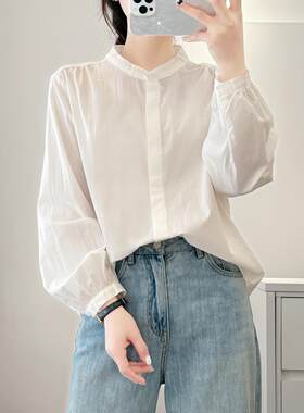 时尚高级感白色纯棉衬衣女