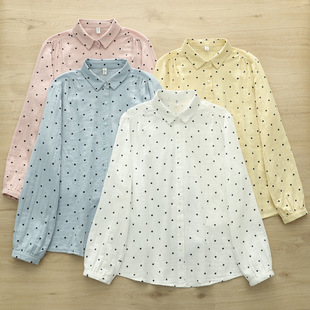 经典百搭~波点印花双层棉纱长袖衬衫女宽松休闲纯棉衬衣YZ