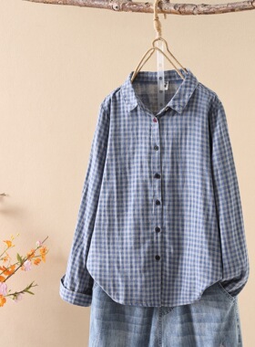 文艺复古色织双层纱彩扣格子衬衫女宽松休闲百搭长袖衬衣XQ86266