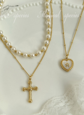 原创韩系爱心十字架珍珠叠戴项链