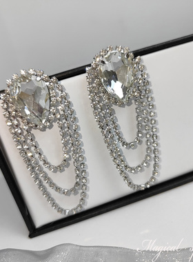 物种 自制原创女王长款满钻流苏气质百搭水滴形耳环无耳洞耳夹女