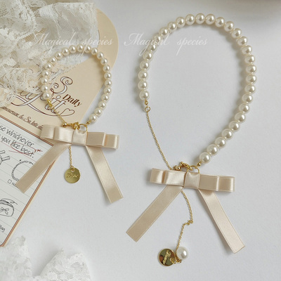 物种 甜美巴洛克粉色少女公主感精致珍珠蝴蝶结蓝色项链手链女