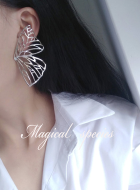 夸张镂空蝴蝶翅膀耳环ins仙女风个性简约不对称925银针无耳洞耳夹