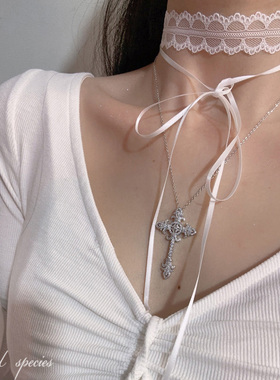 物种 甜美白色蕾丝choker少女丝带颈链叠戴锆石十字架锁骨项链