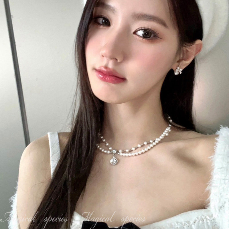 赵美廷同款闪钻双层珍珠锁骨项链