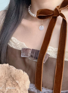 女甜美珍珠绒带蝴蝶结choker项链