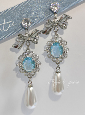 物种 韩国张元英同款清透水蓝色宝石甜美蝴蝶结珍珠少女耳环耳夹