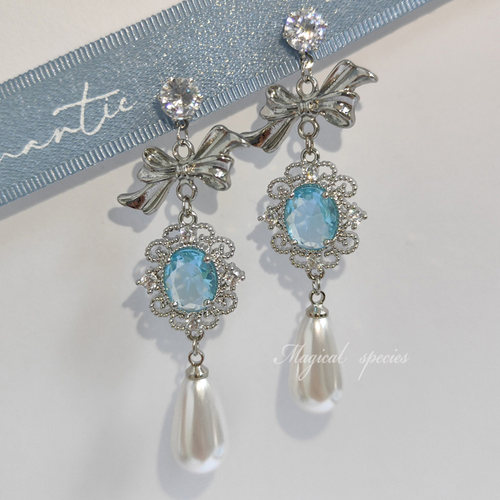 韩版清透水蓝色宝石耳环耳夹