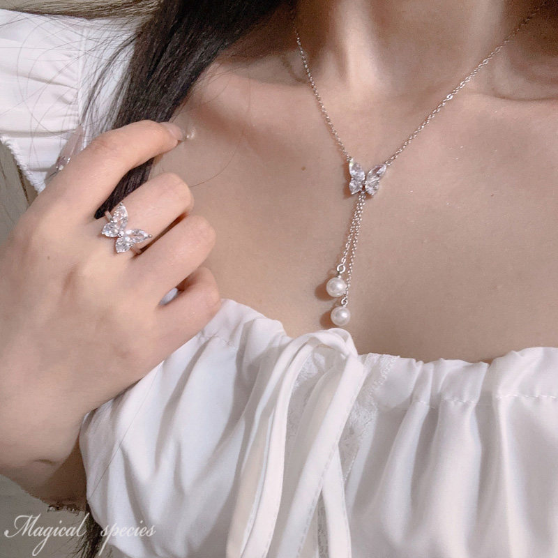 超仙气蝴蝶锆石耳钉珍珠流苏项链