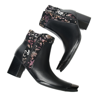 拉牧斯欧美尖头铁头高跟7厘米切尔西男靴时尚高帮拉链男士真皮鞋