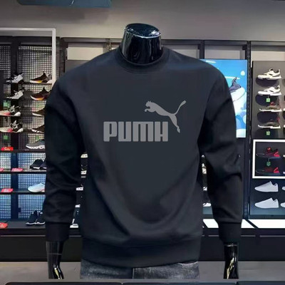 纯棉新款加绒加厚圆领卫衣男士百搭时尚潮流帅气修身打底衫上衣