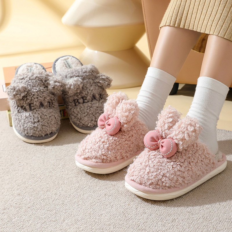 兔耳蝴蝶结棉拖鞋女冬季居家情侣加厚防滑软底毛毛加绒加厚保暖