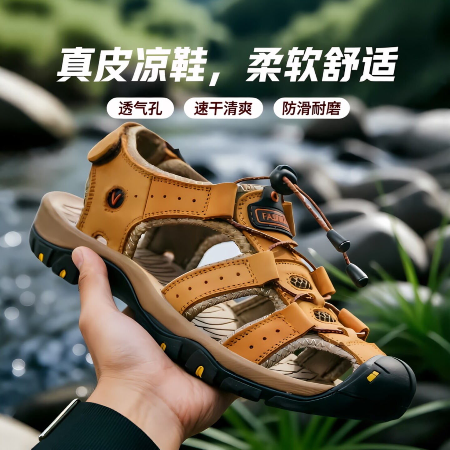 凉鞋男款夏季牛皮休闲鞋透气防滑速干户外沙滩凉鞋舒适透气橡胶底