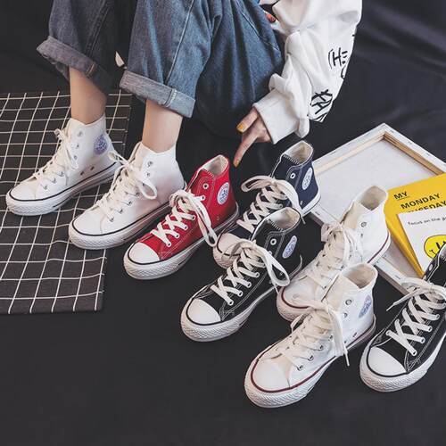 高帮绑带帆布板鞋女韩版百搭学生