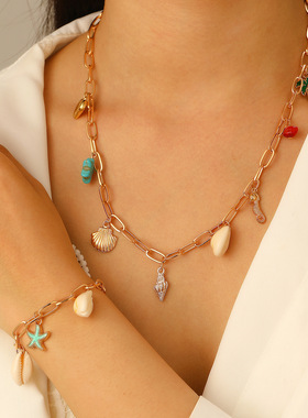 Bohemian Ocean Wind Sea Star Shell Necklace Bracelet Set全新