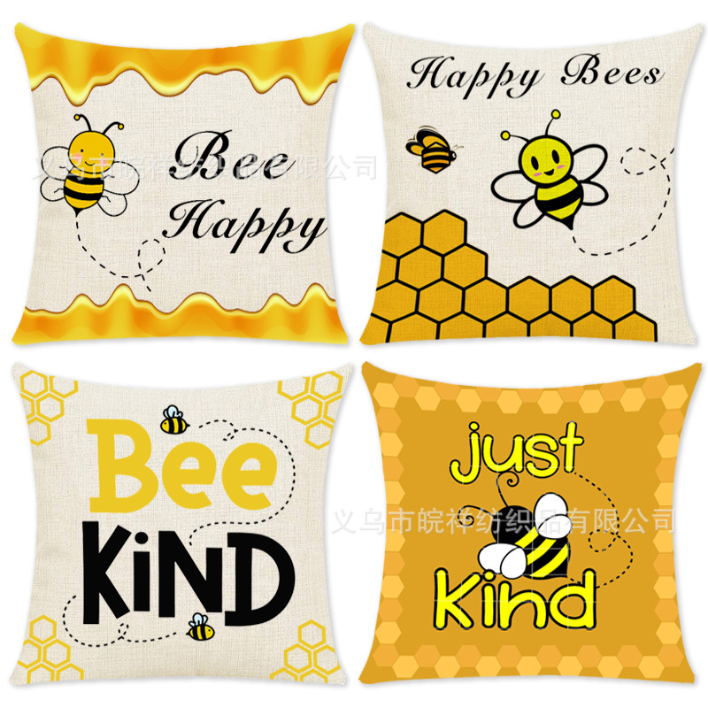 欧美跨境 Alphabet Bee linen print sofa pillow cushion cover-封面