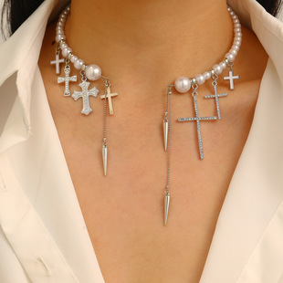 Light luxury exquisite pearl fringe diamond cross necklace