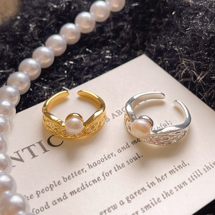 light luxury retro natural freshwater pearl ring for women