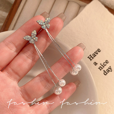 胖迪日韩温柔风蝴蝶结珍珠流耳环