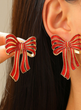 New Year red festive atmosphere bow alloy stud earrings 耳钉