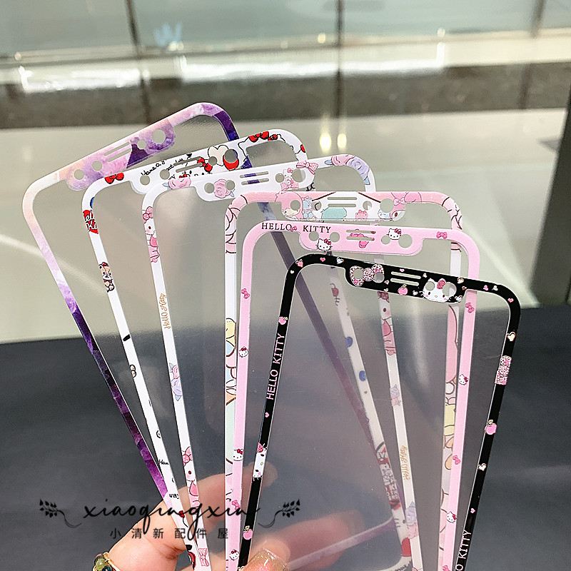 卡通kitty适用苹果XR可爱钢化玻璃膜新款紫色iPhone11/12/13/14/15/16/17promax全屏黑白