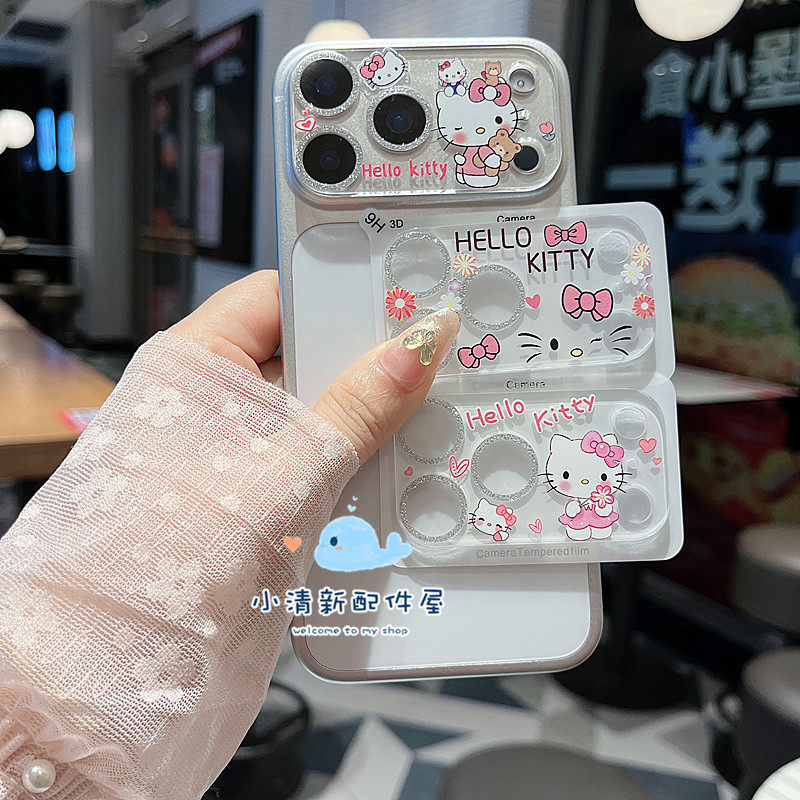 hello kitty猫一体全包闪粉适用苹果17promax镜头膜iphone14/15/16Promax可爱卡通钢化玻璃后摄像头保护膜