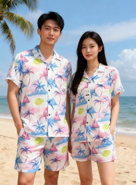 海南三亚旅行休闲男士沙滩裤速干花短裤海边度假花衬衫夏威夷套装