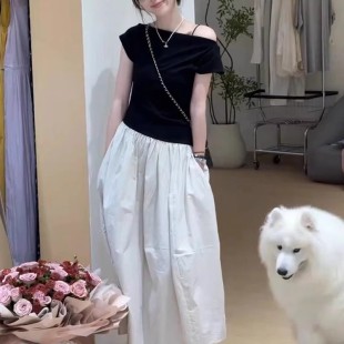 设计感收腰显瘦赫本风长裙 韩系撞色拼接一字肩连衣裙女2025夏新款