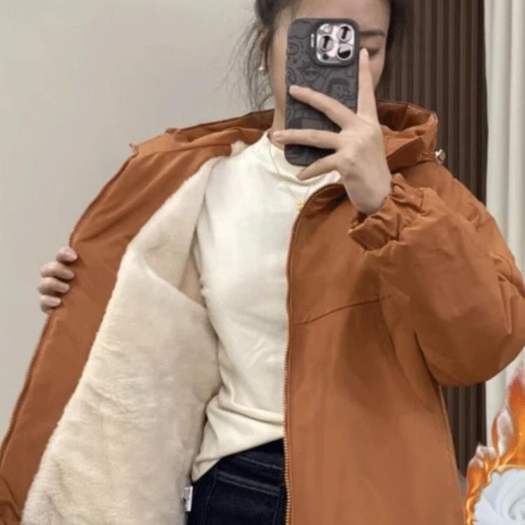 小个子短款连帽双拉链加绒冲锋衣外套女秋冬季新款宽松显瘦上衣潮